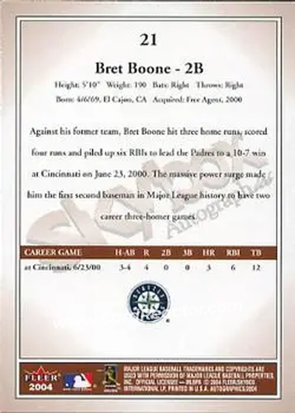 2004 SkyBox Autographics #21 - Bret Boone - Seattle Mariners - Back