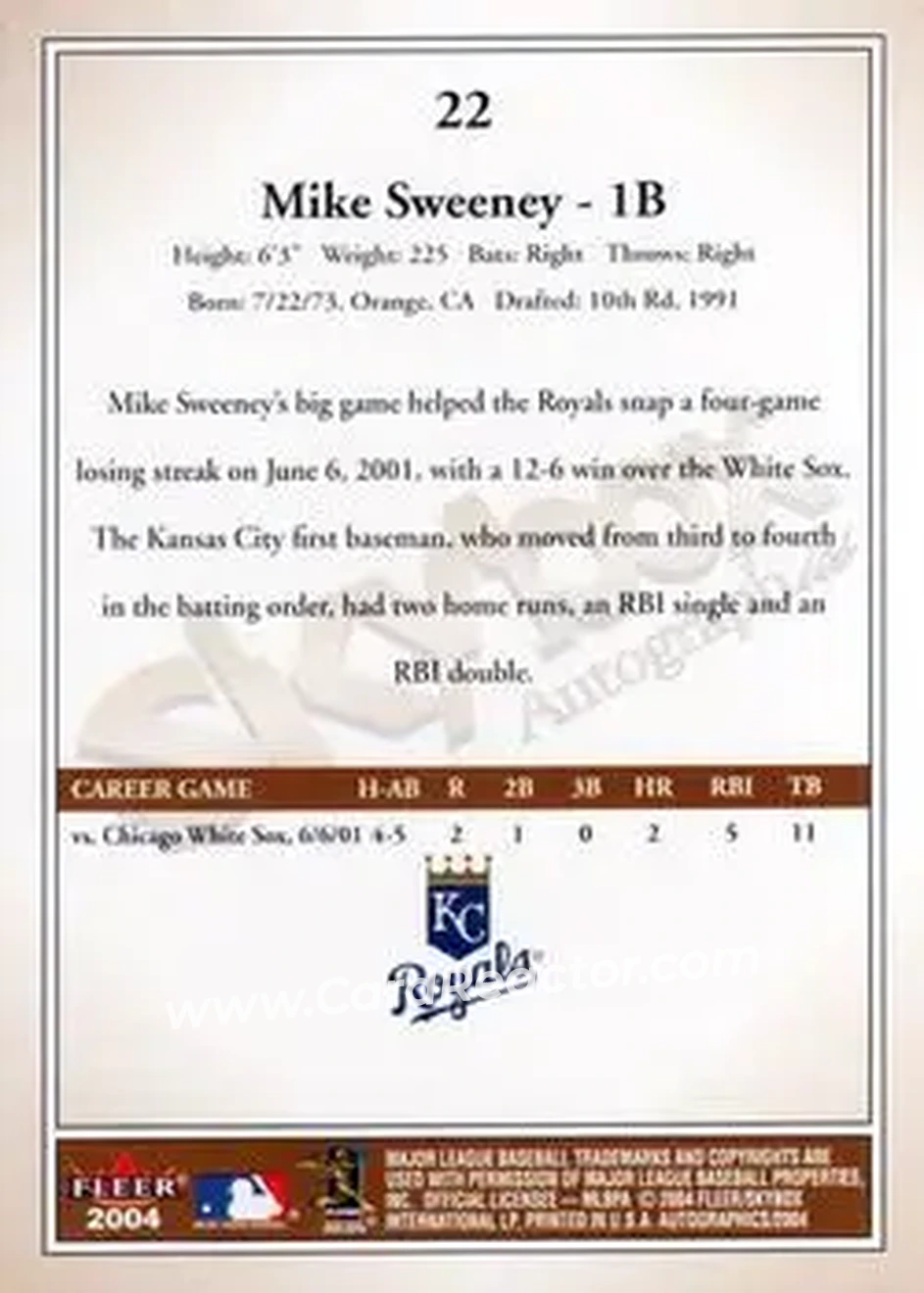 2004 SkyBox Autographics #22 - Mike Sweeney - Kansas City Royals - Back