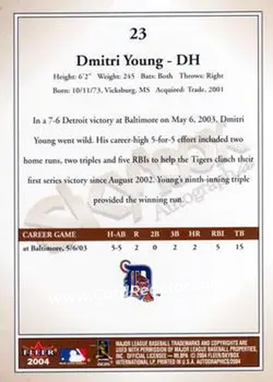 2004 SkyBox Autographics #23 - Dmitri Young - Detroit Tigers - Back