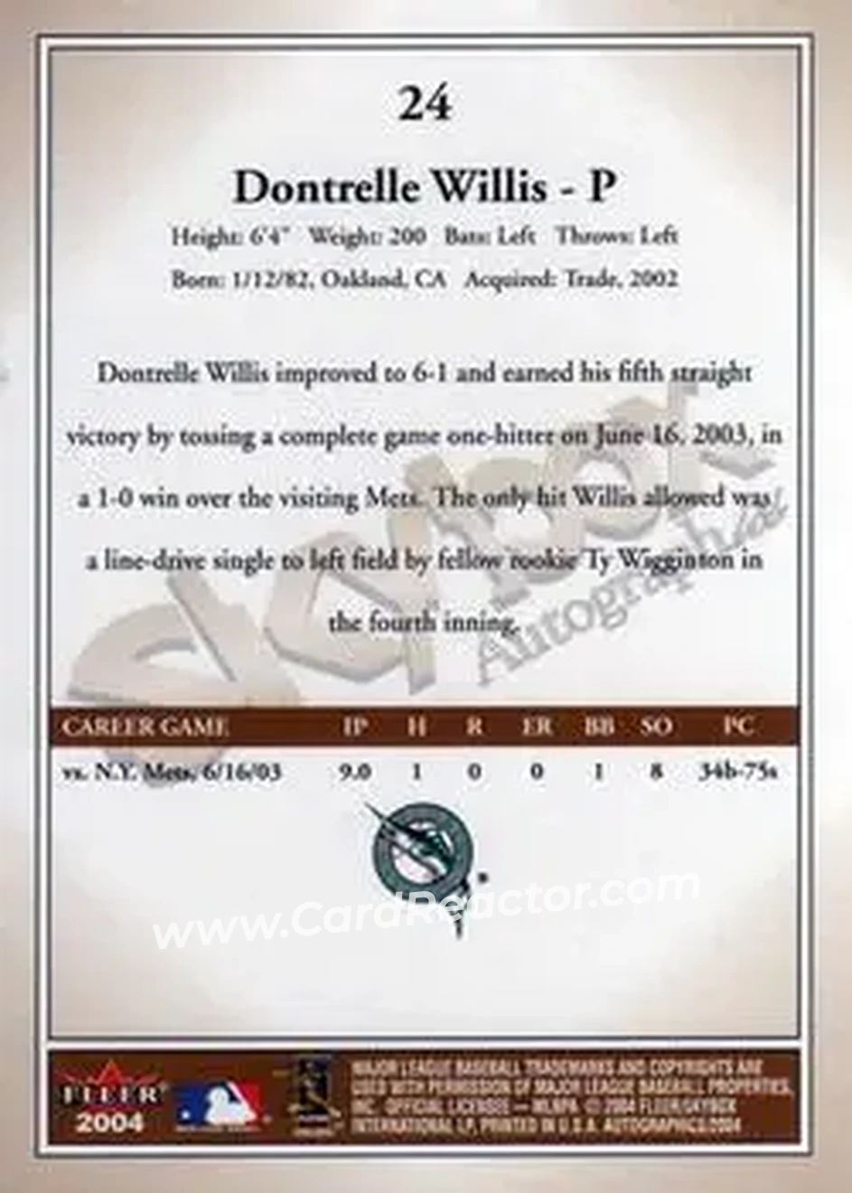 2004 SkyBox Autographics #24 - Dontrelle Willis - Florida Marlins - Back