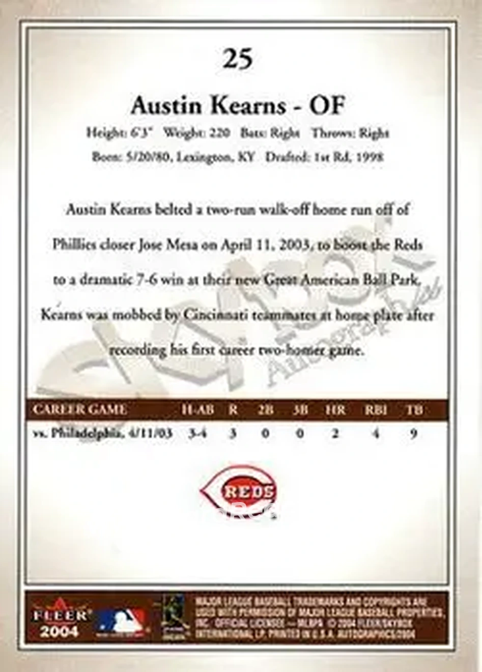 2004 SkyBox Autographics #25 - Austin Kearns - Cincinnati Reds - Back