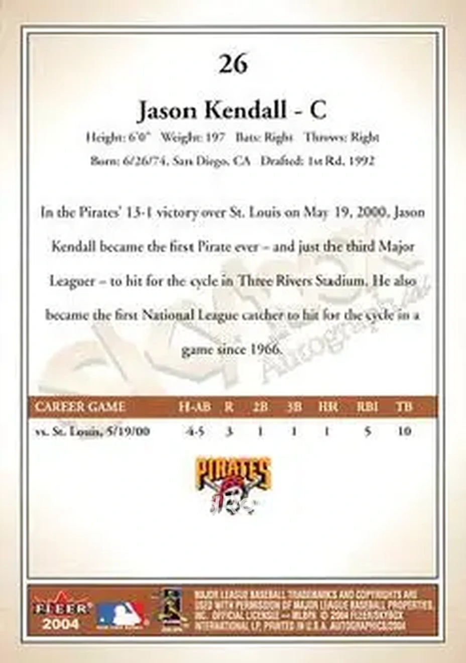 2004 SkyBox Autographics #26 - Jason Kendall - Pittsburgh Pirates - Back 2004 SkyBox Autographics #26 - Jason Kendall - Pittsburgh Pirates - Back