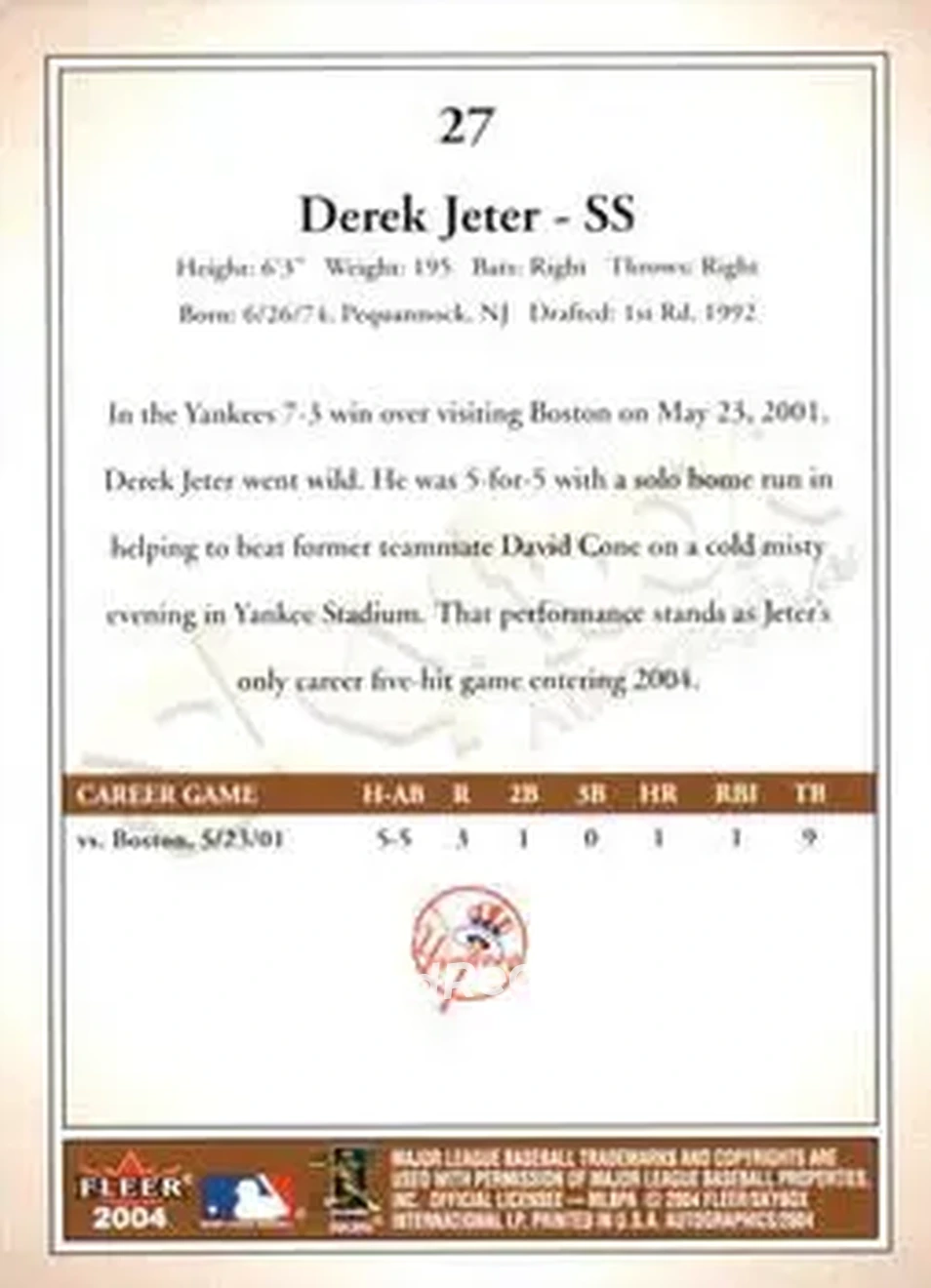 2004 SkyBox Autographics #27 - Derek Jeter - New York Yankees - Back