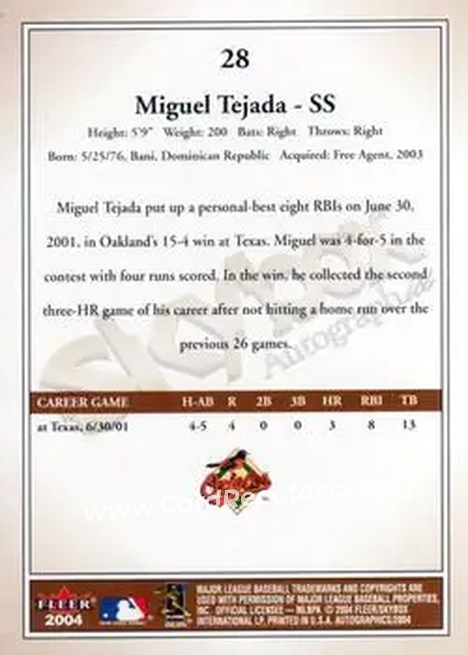 2004 SkyBox Autographics #28 - Miguel Tejada - Baltimore Orioles - Back
