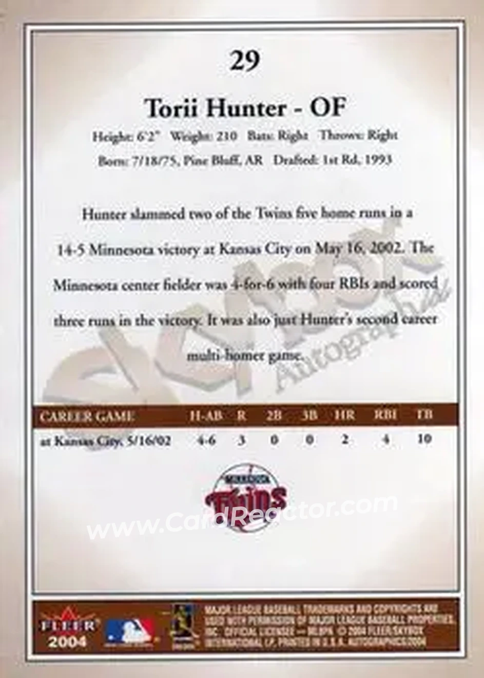 2004 SkyBox Autographics #29 - Torii Hunter - Minnesota Twins - Back