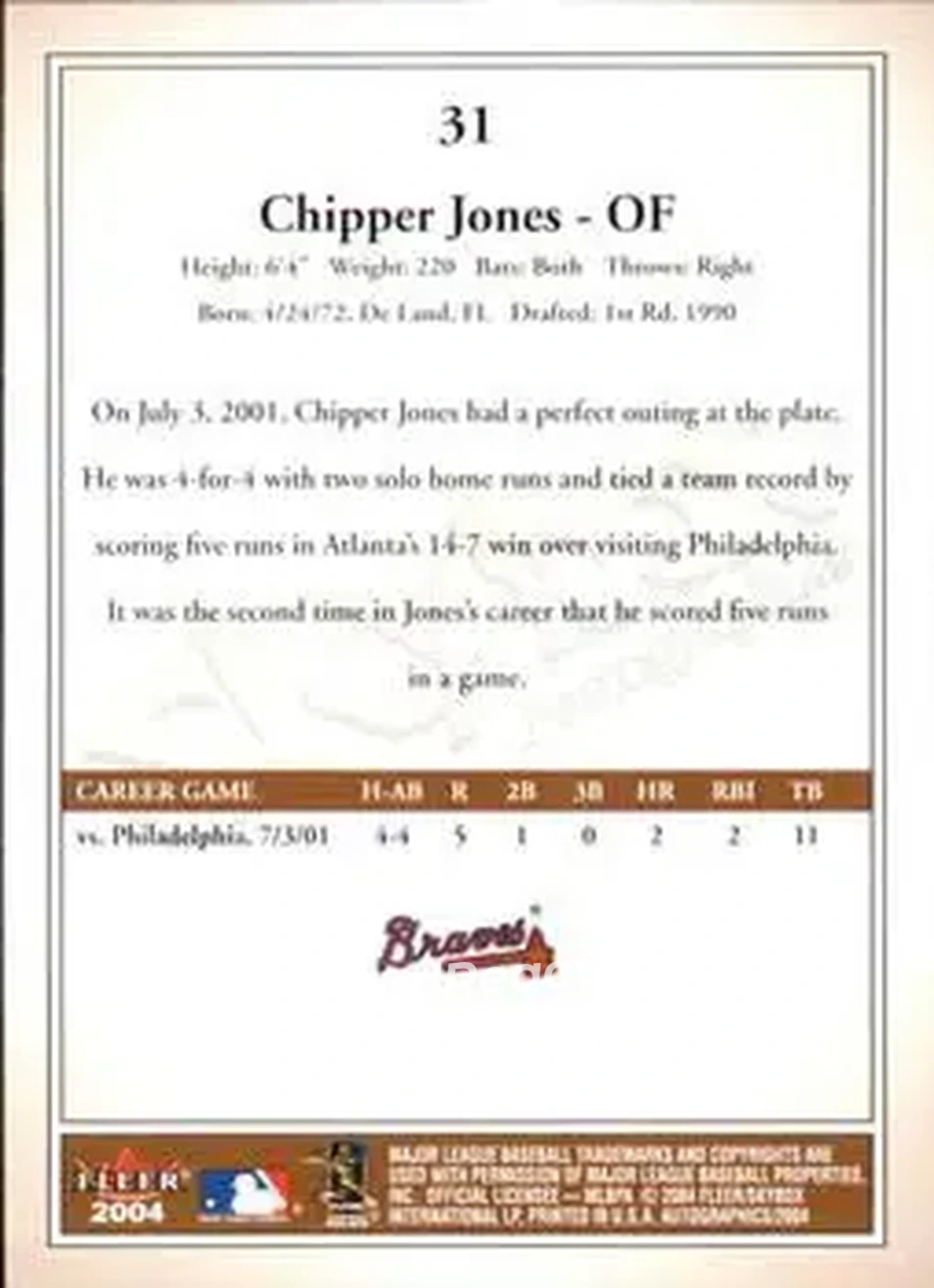 2004 SkyBox Autographics #31 - Chipper Jones - Atlanta Braves - Back