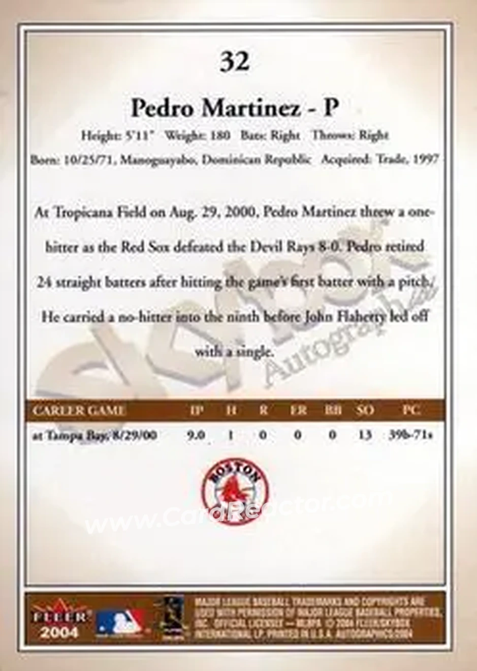 2004 SkyBox Autographics #32 - Pedro Martinez - Boston Red Sox - Back