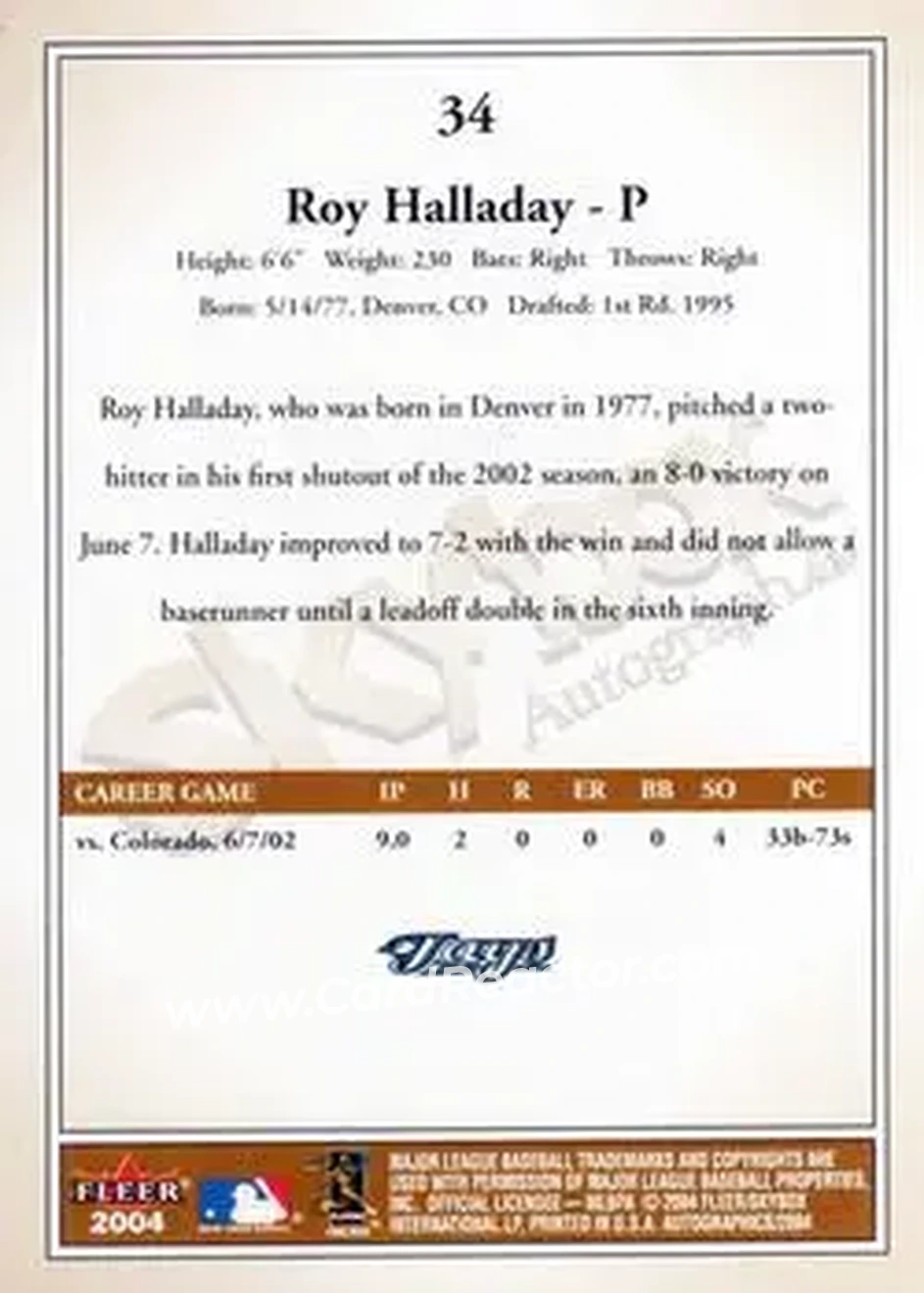 2004 SkyBox Autographics #34 - Roy Halladay - Toronto Blue Jays - Back