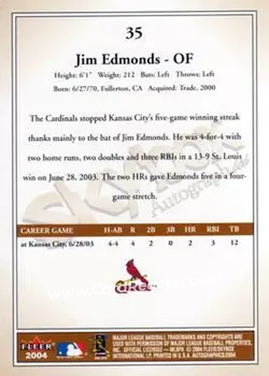 2004 SkyBox Autographics #35 - Jim Edmonds - St. Louis Cardinals - Back