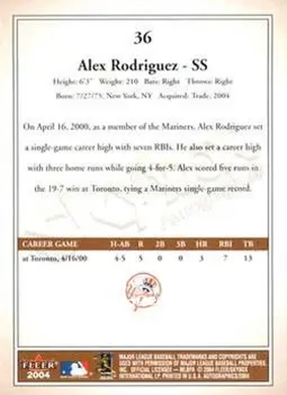 2004 SkyBox Autographics #36 - Alex Rodriguez - New York Yankees - Back 2004 SkyBox Autographics #36 - Alex Rodriguez - New York Yankees - Back