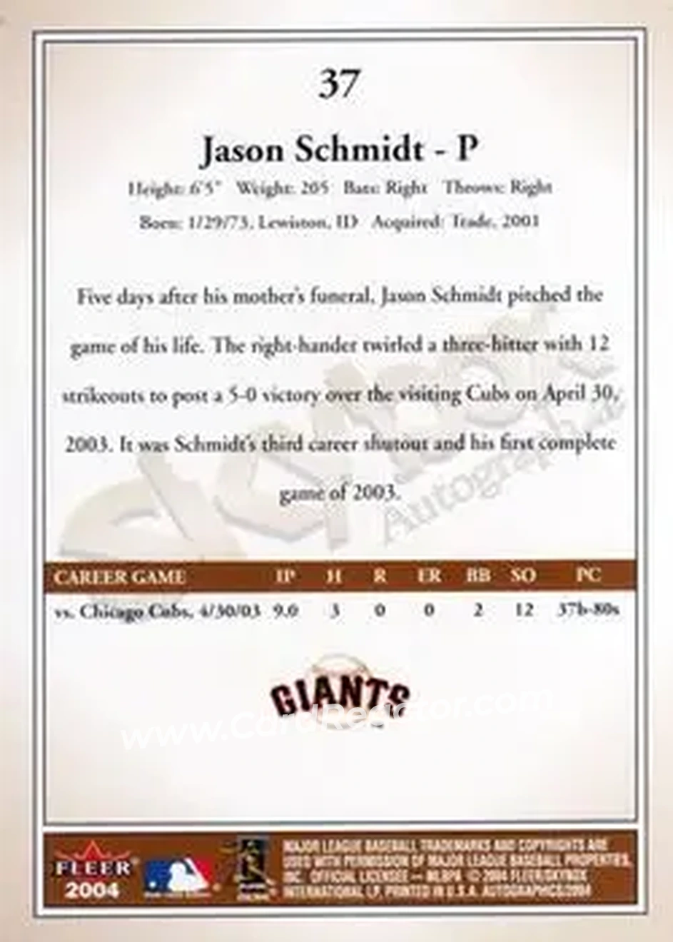 2004 SkyBox Autographics #37 - Jason Schmidt - San Francisco Giants - Back