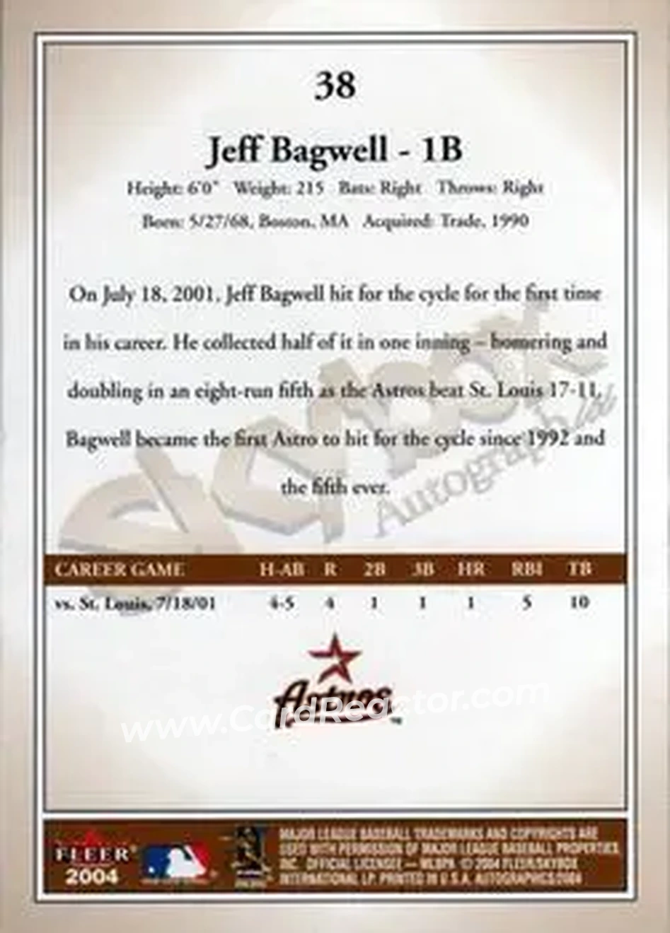 2004 SkyBox Autographics #38 - Jeff Bagwell - Houston Astros - Back