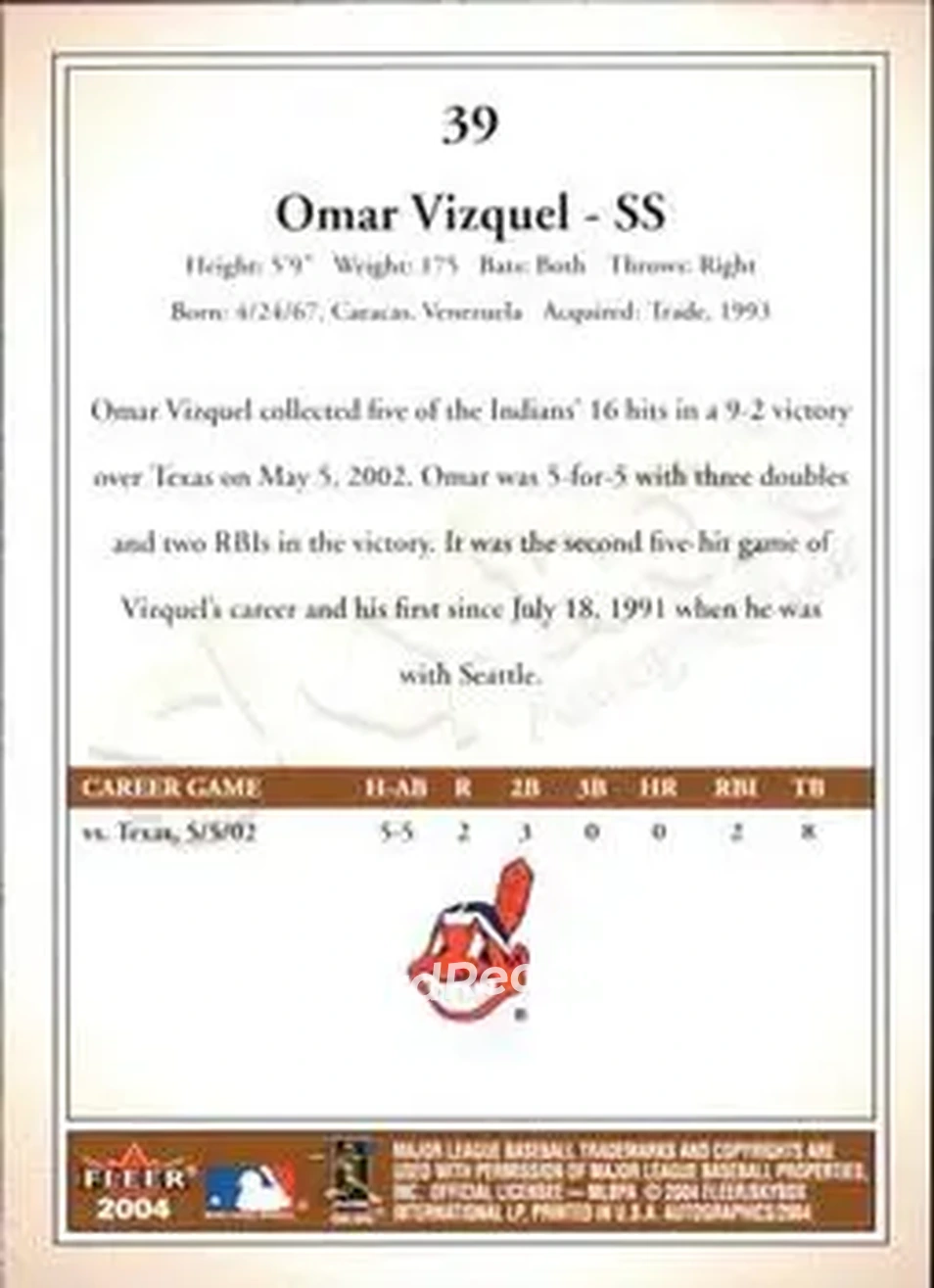 2004 SkyBox Autographics #39 - Omar Vizquel - Cleveland Indians - Back