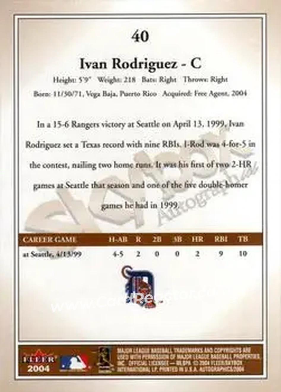 2004 SkyBox Autographics #40 - Ivan Rodriguez - Detroit Tigers - Back 2004 SkyBox Autographics #40 - Ivan Rodriguez - Detroit Tigers - Back