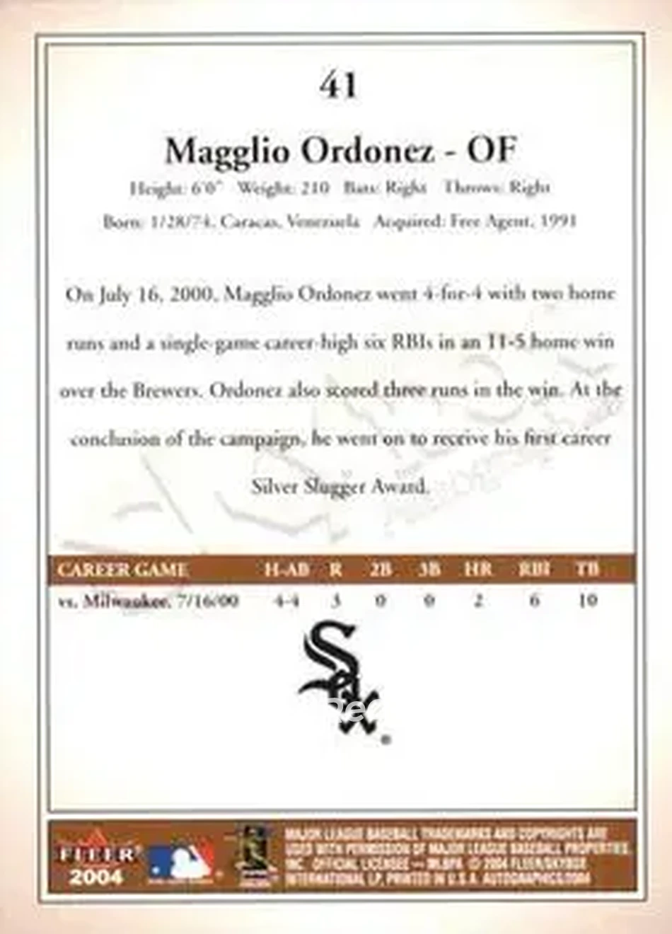 2004 SkyBox Autographics #41 - Magglio Ordonez - Chicago White Sox - Back