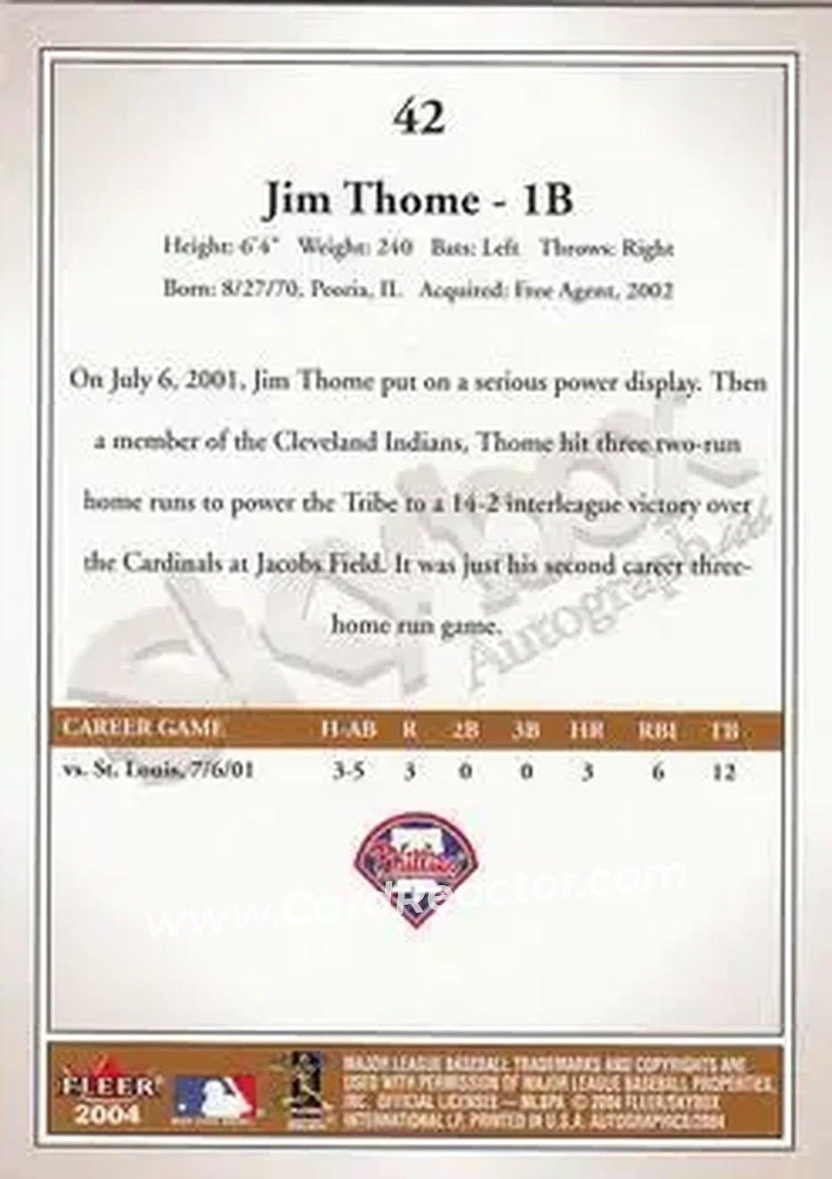 2004 SkyBox Autographics #42 - Jim Thome - Philadelphia Phillies - Back