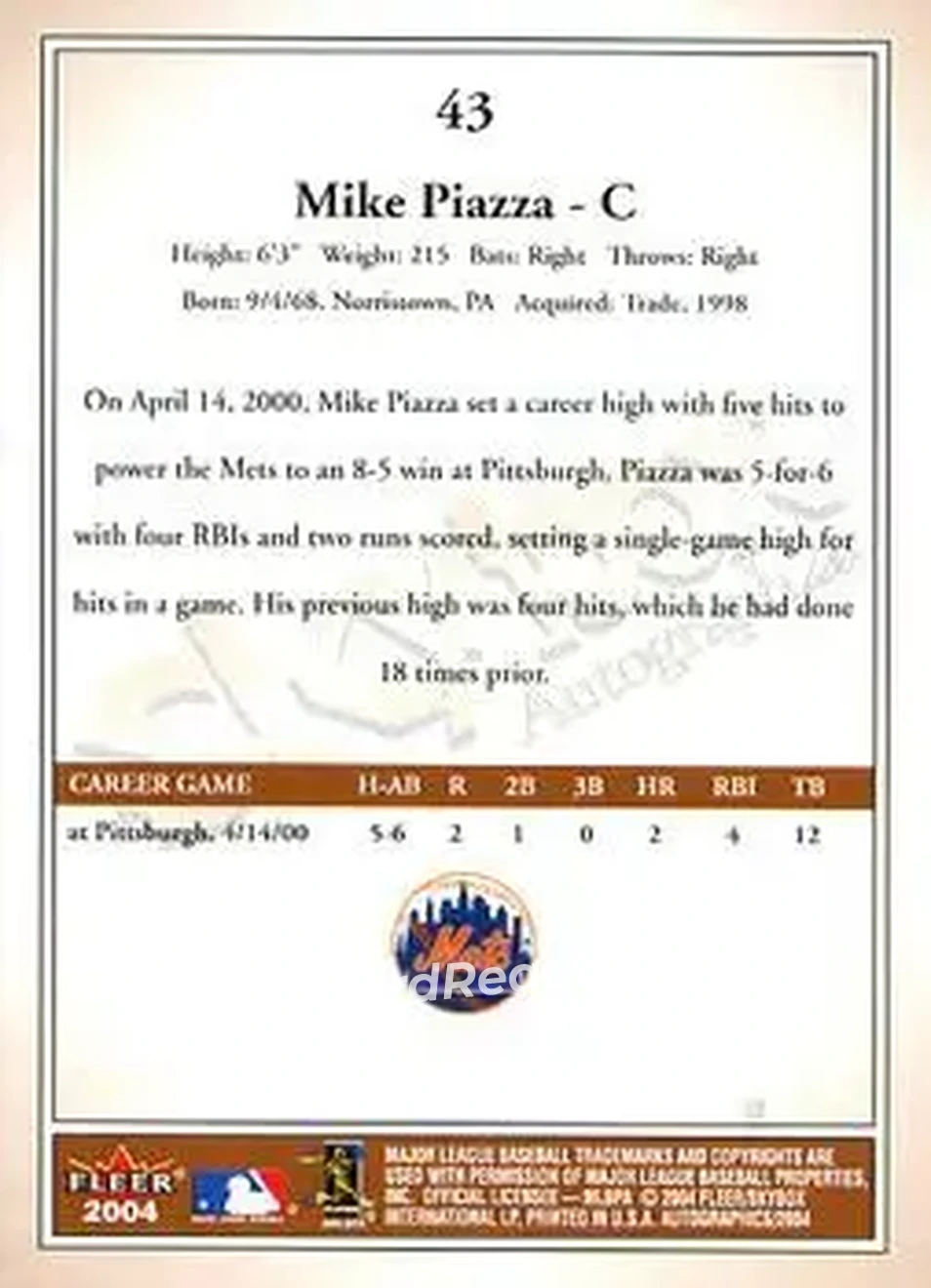 2004 SkyBox Autographics #43 - Mike Piazza - New York Mets - Back