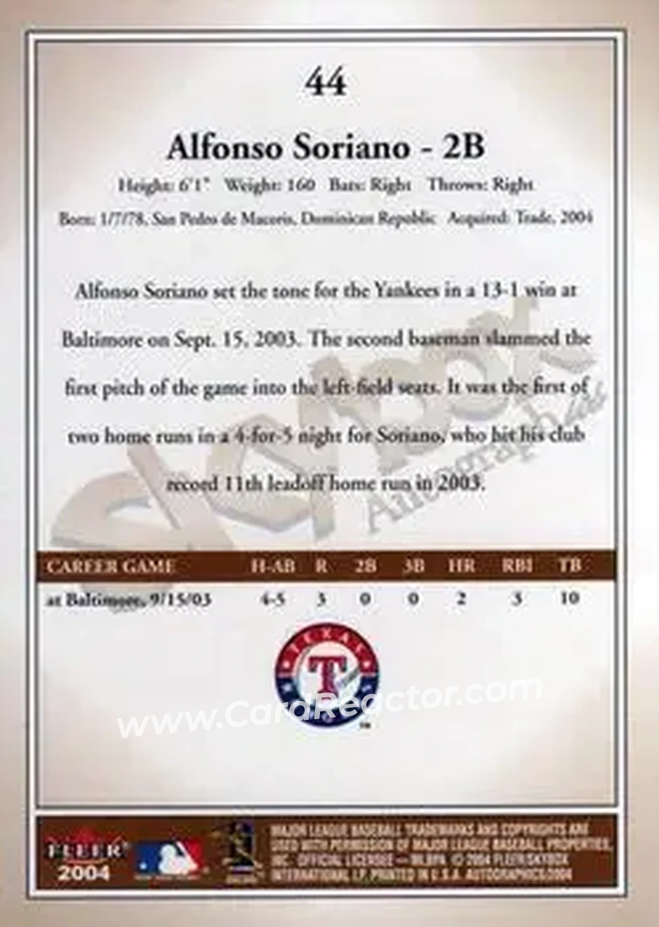 2004 SkyBox Autographics #44 - Alfonso Soriano - New York Yankees - Back 2004 SkyBox Autographics #44 - Alfonso Soriano - New York Yankees - Back
