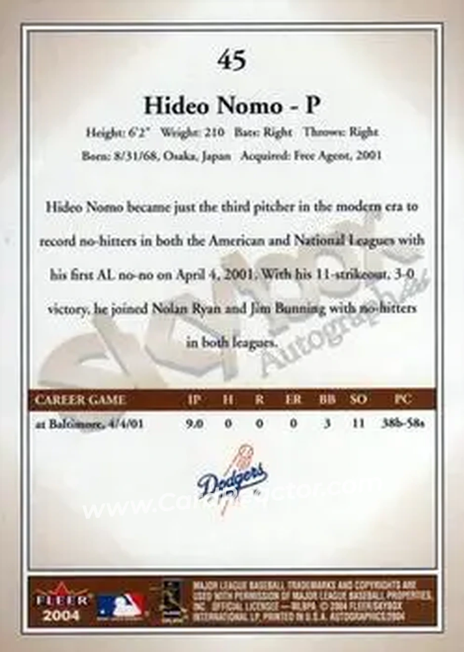 2004 SkyBox Autographics #45 - Hideo Nomo - Los Angeles Dodgers - Back