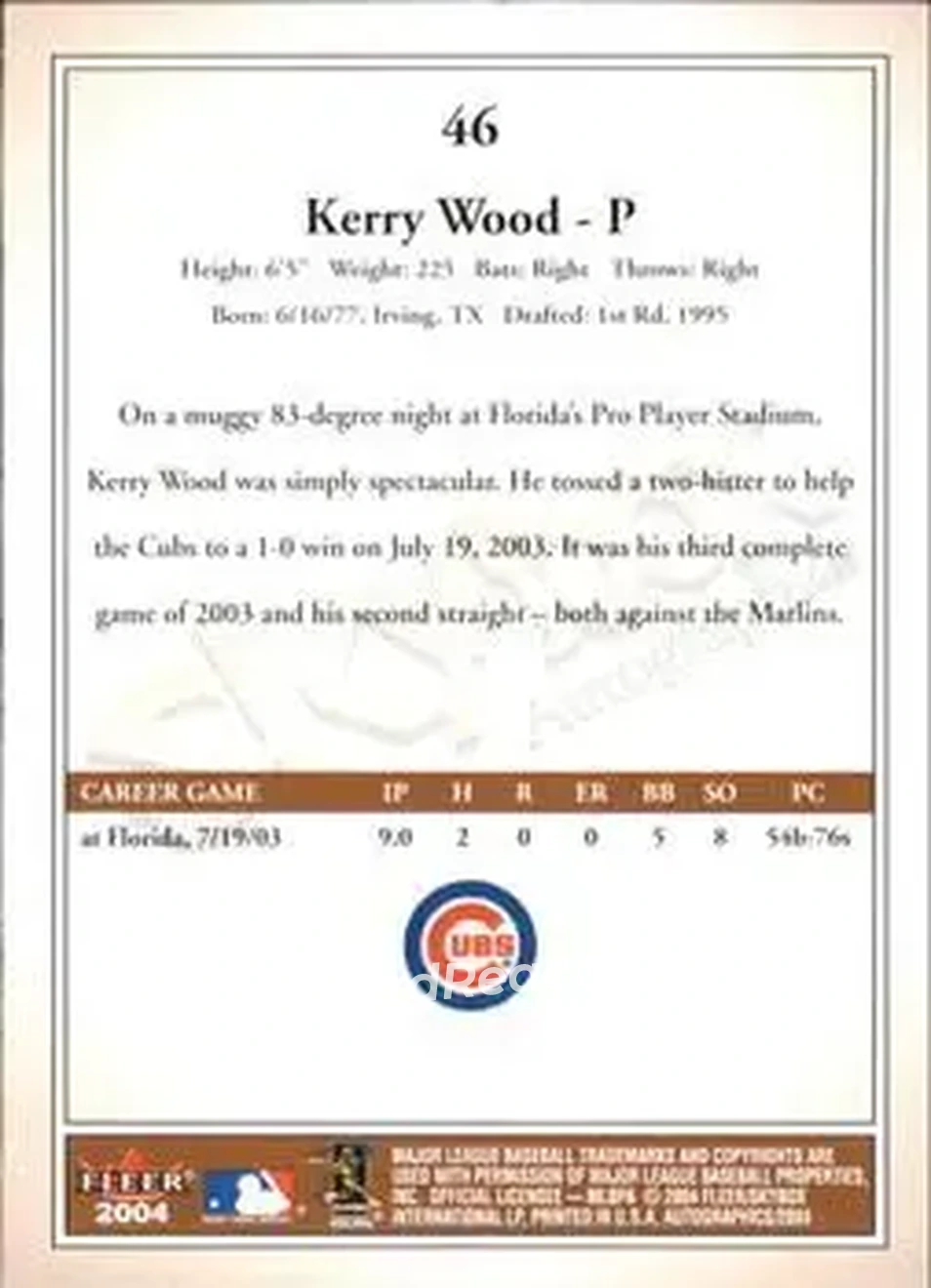 2004 SkyBox Autographics #46 - Kerry Wood - Chicago Cubs - Back