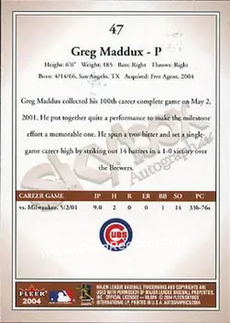 2004 SkyBox Autographics #47 - Greg Maddux - Chicago Cubs - Back