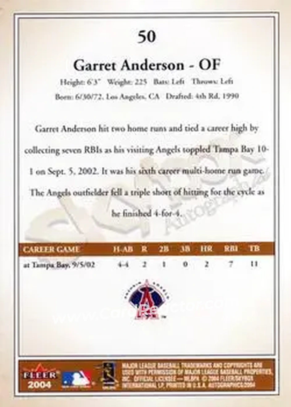 2004 SkyBox Autographics #50 - Garret Anderson - Anaheim Angels - Back