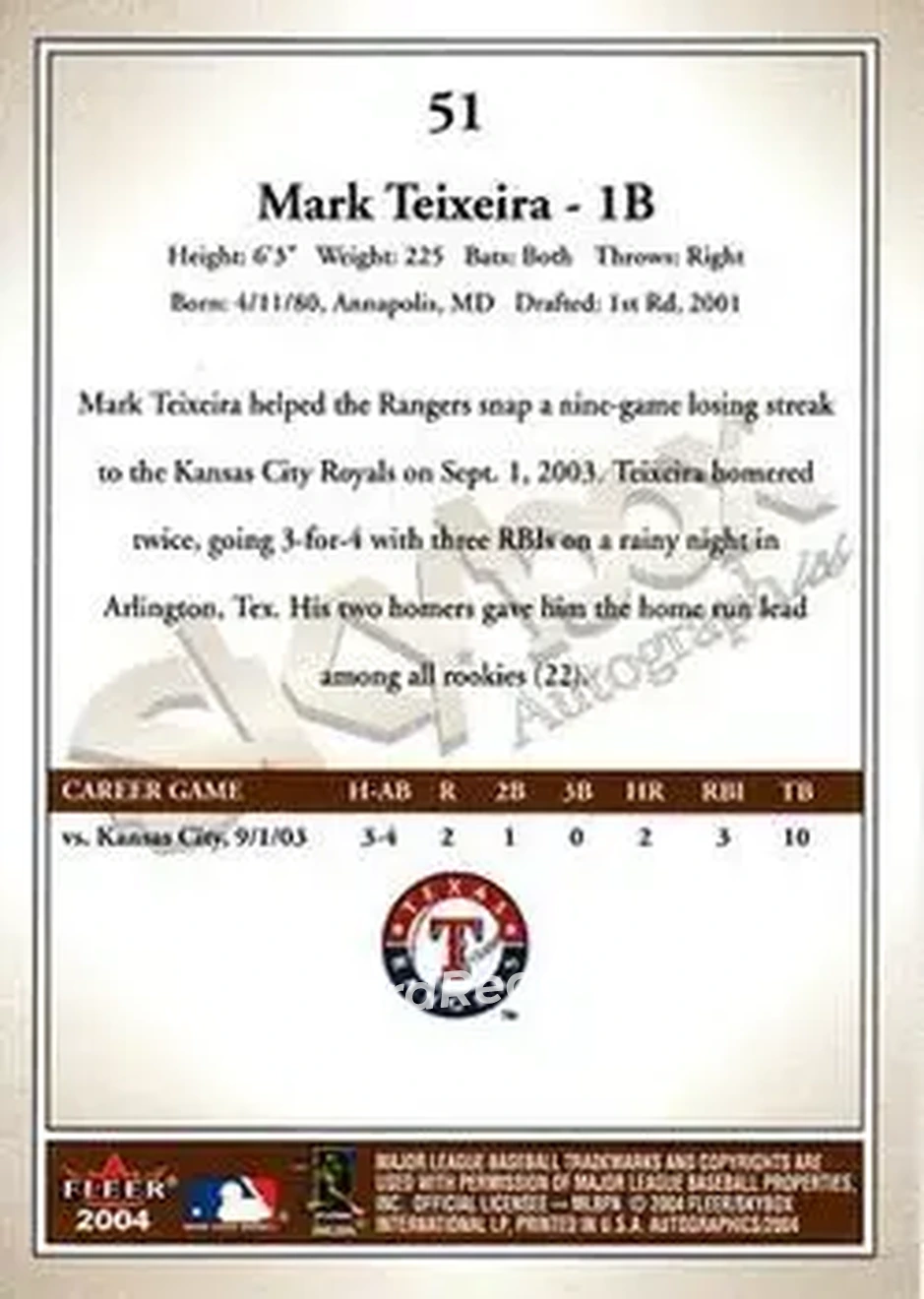 2004 SkyBox Autographics #51 - Mark Teixeira - Texas Rangers - Back 2004 SkyBox Autographics #51 - Mark Teixeira - Texas Rangers - Back