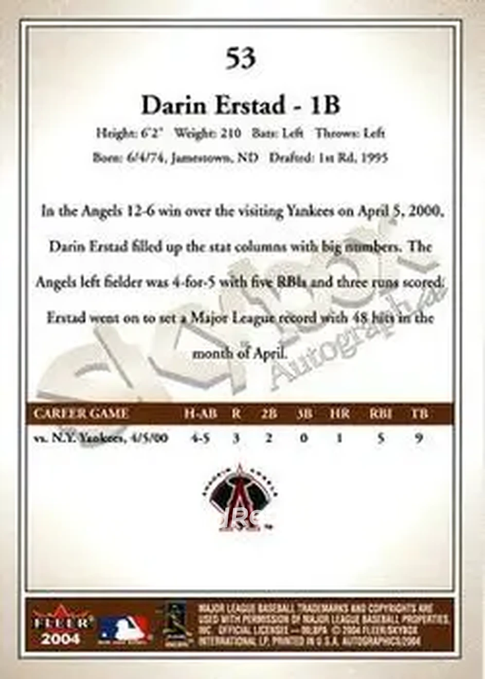 2004 SkyBox Autographics #53 - Darin Erstad - Anaheim Angels - Back