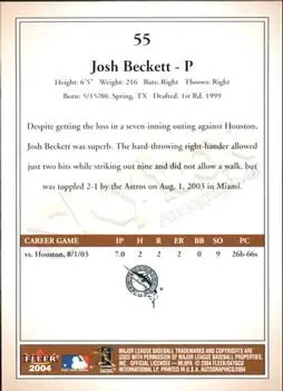 2004 SkyBox Autographics #55 - Josh Beckett - Florida Marlins - Back