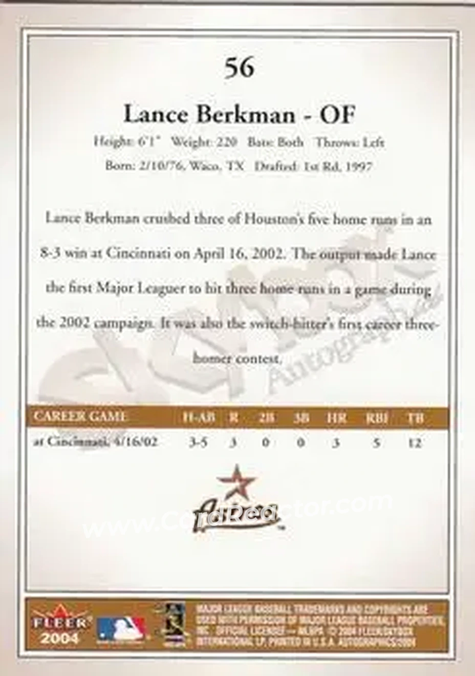 2004 SkyBox Autographics #56 - Lance Berkman - Houston Astros - Back 2004 SkyBox Autographics #56 - Lance Berkman - Houston Astros - Back