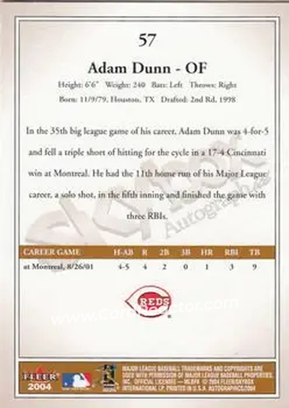2004 SkyBox Autographics #57 - Adam Dunn - Cincinnati Reds - Back