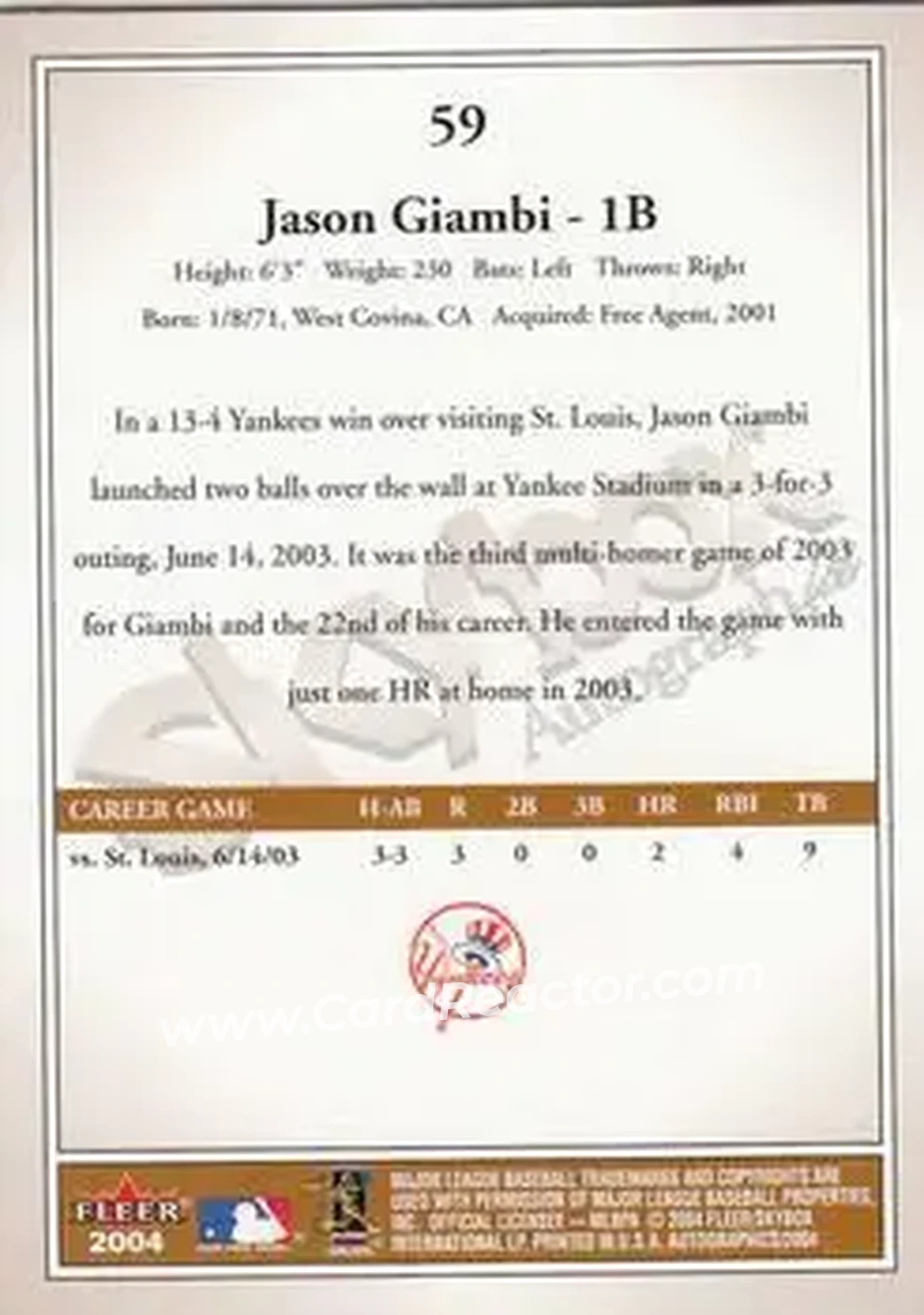 2004 SkyBox Autographics #59 - Jason Giambi - New York Yankees - Back 2004 SkyBox Autographics #59 - Jason Giambi - New York Yankees - Back