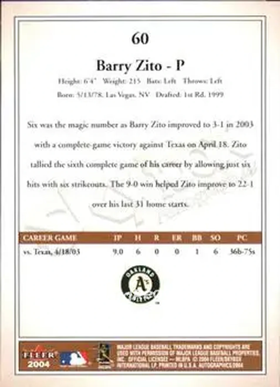 2004 SkyBox Autographics #60 - Barry Zito - Oakland Athletics - Back