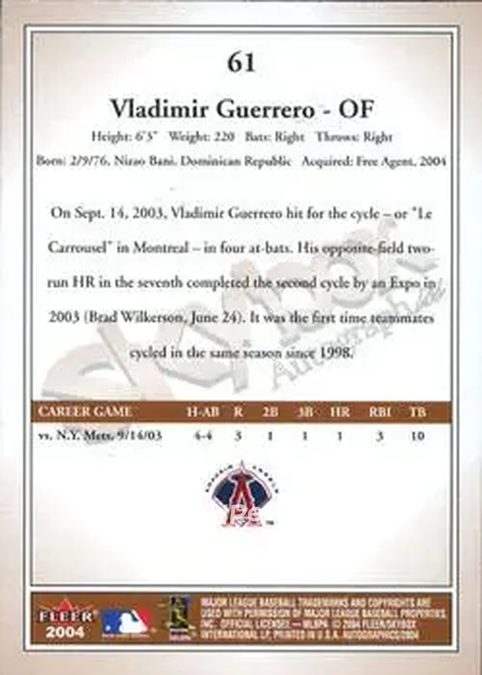 2004 SkyBox Autographics #61 - Vladimir Guerrero - Anaheim Angels - Back