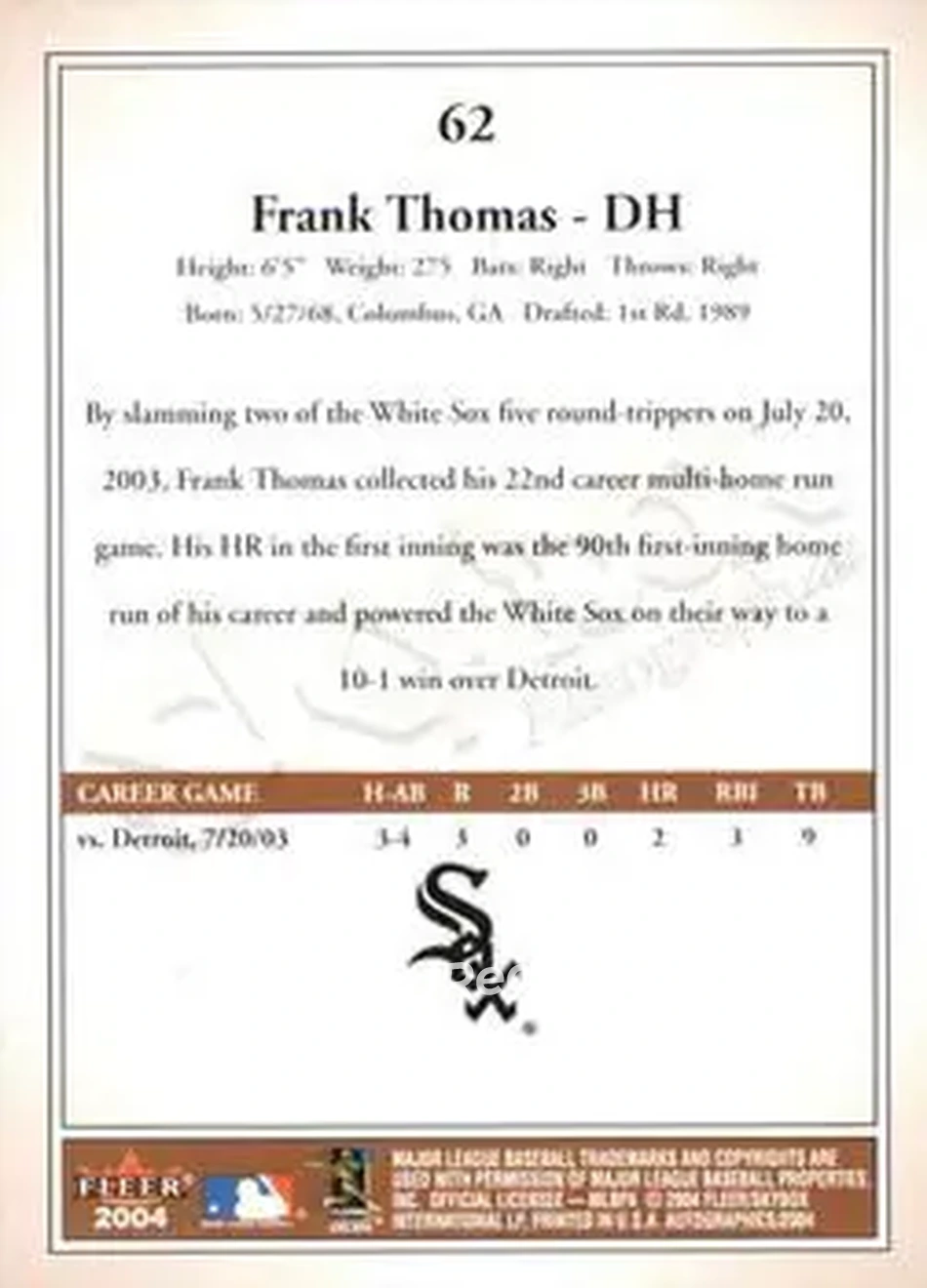 2004 SkyBox Autographics #62 - Frank Thomas - Chicago White Sox - Back