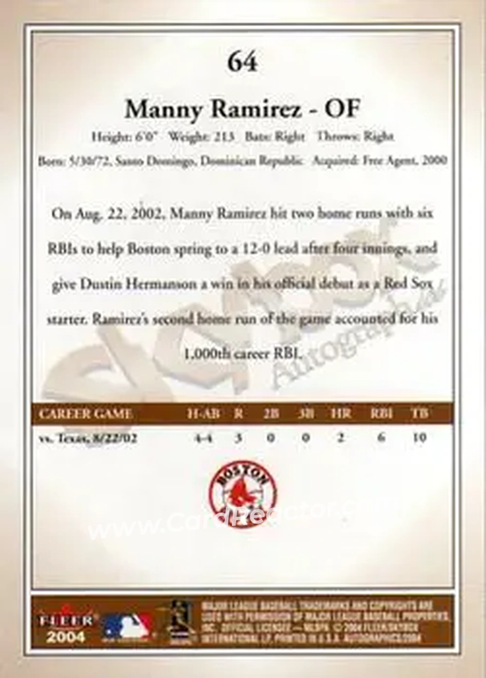 2004 SkyBox Autographics #64 - Manny Ramirez - Boston Red Sox - Back