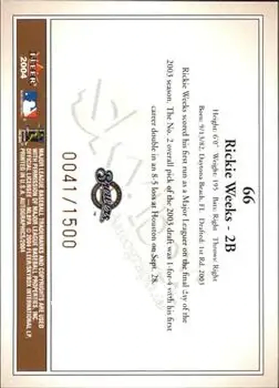 2004 SkyBox Autographics #66 - Rickie Weeks - Milwaukee Brewers - Back