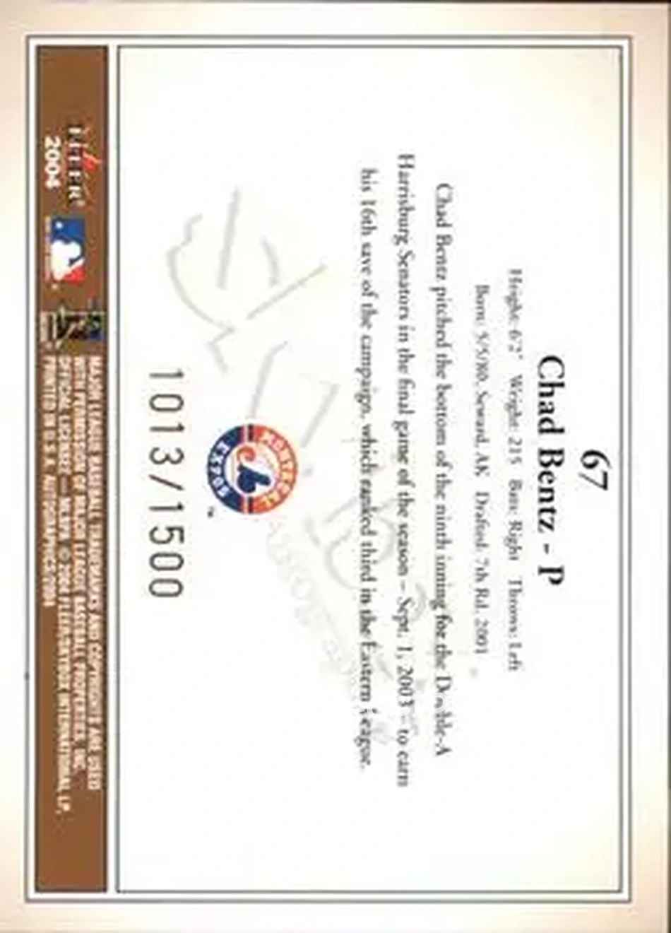 2004 SkyBox Autographics #67 - Chad Bentz - Montreal Expos - Back