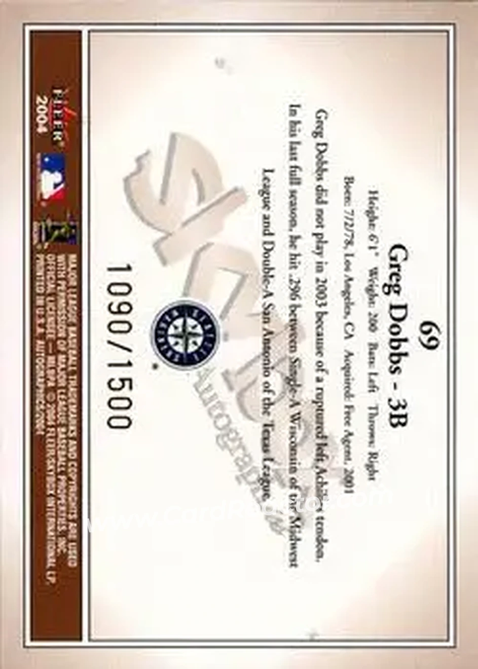 2004 SkyBox Autographics #69 - Greg Dobbs - Seattle Mariners - Back