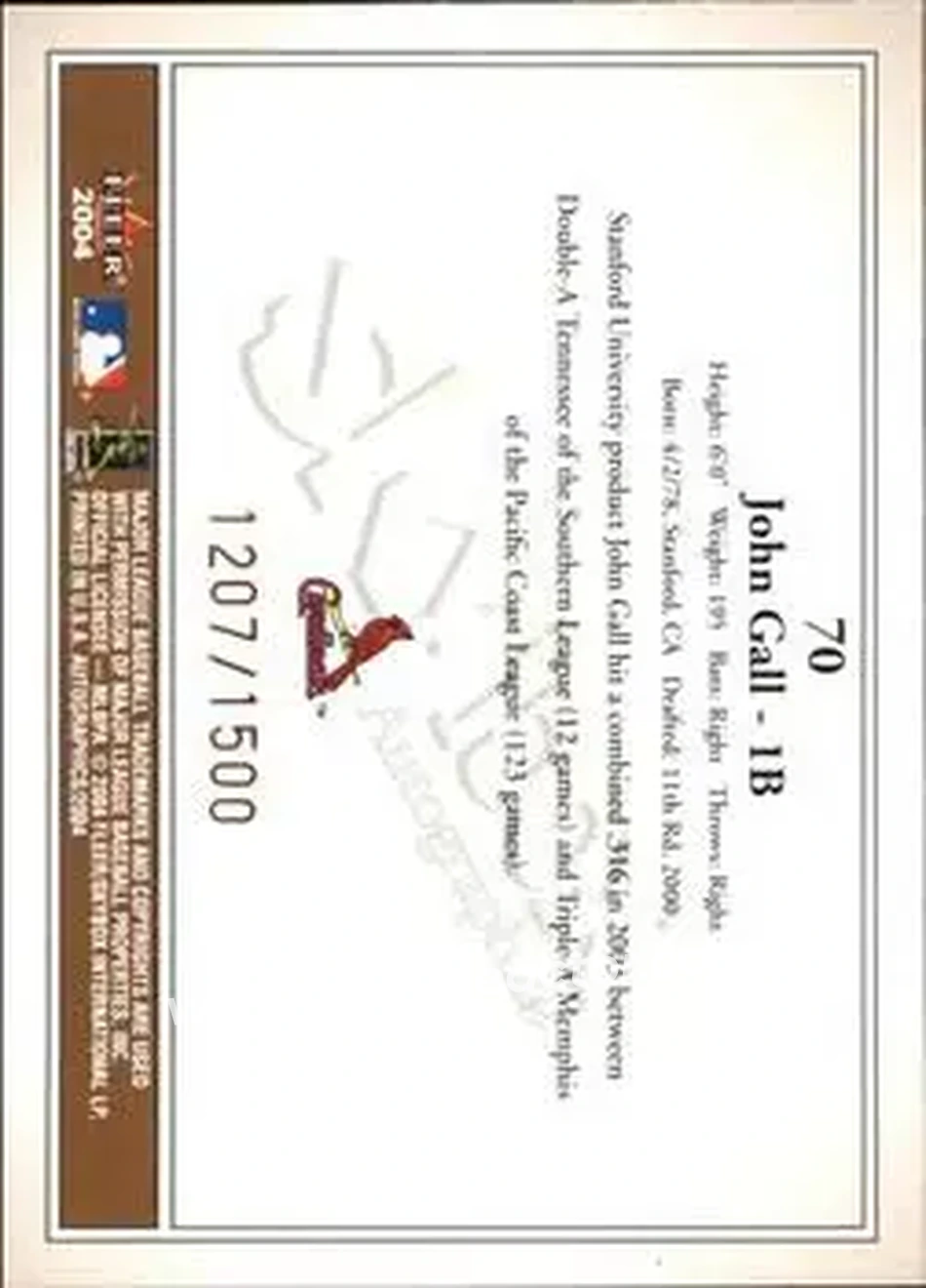 2004 SkyBox Autographics #70 - John Gall - St. Louis Cardinals - Back
