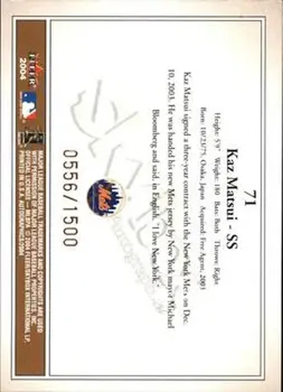 2004 SkyBox Autographics #71 - Kazuo Matsui - New York Mets - Back