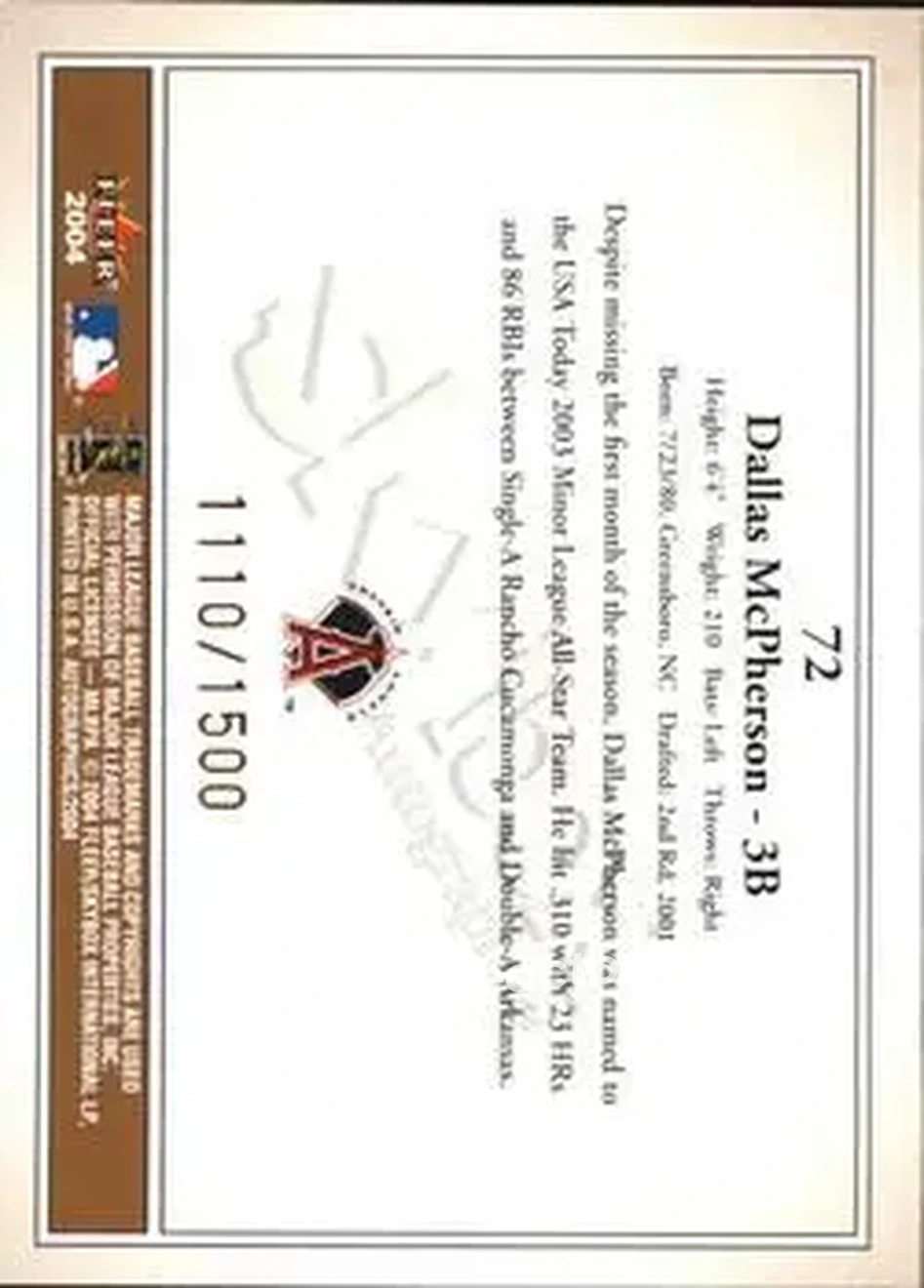 2004 SkyBox Autographics #72 - Dallas McPherson - Anaheim Angels - Back