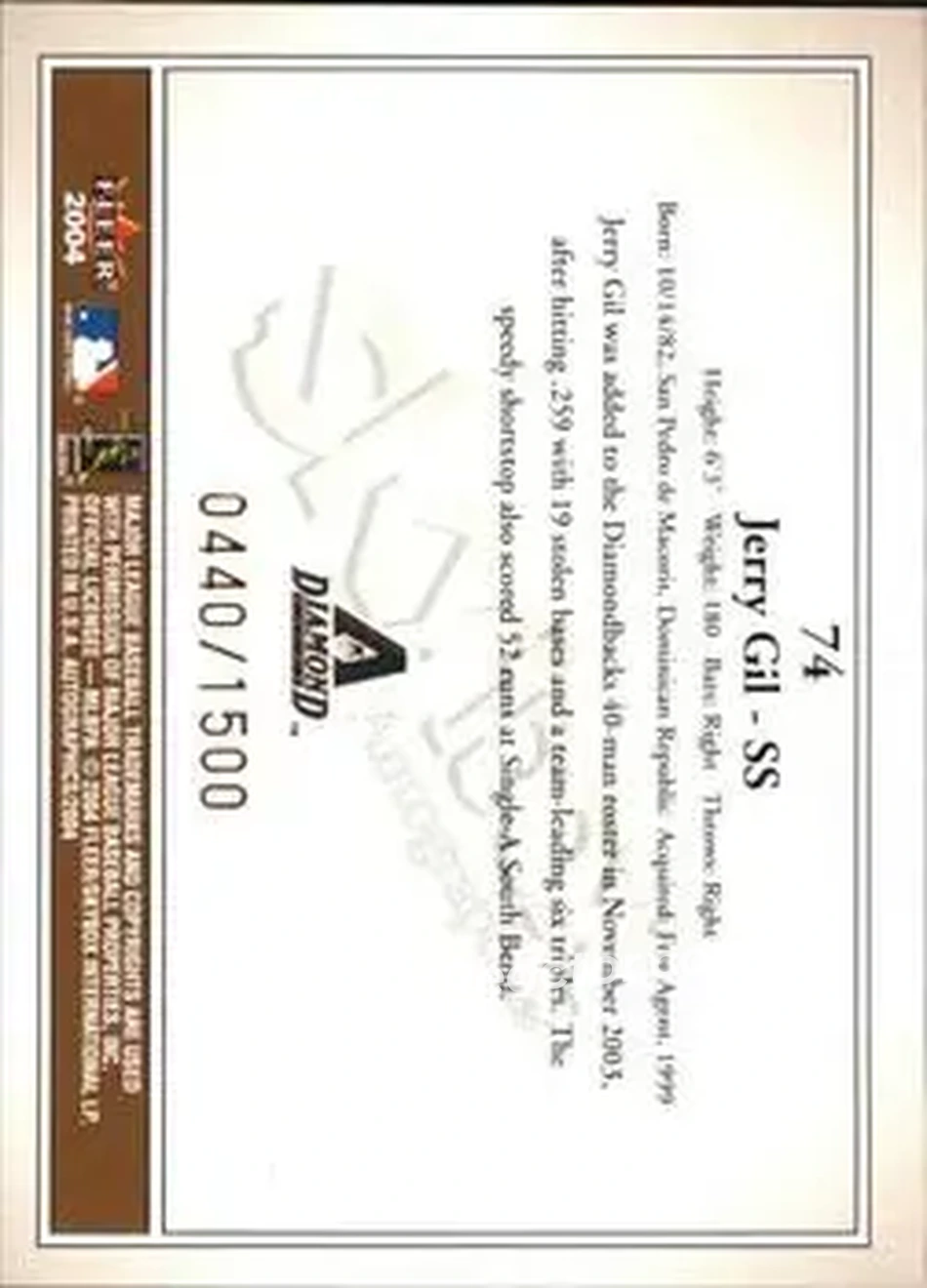 2004 SkyBox Autographics #74 - Jerry Gil - Arizona Diamondbacks - Back