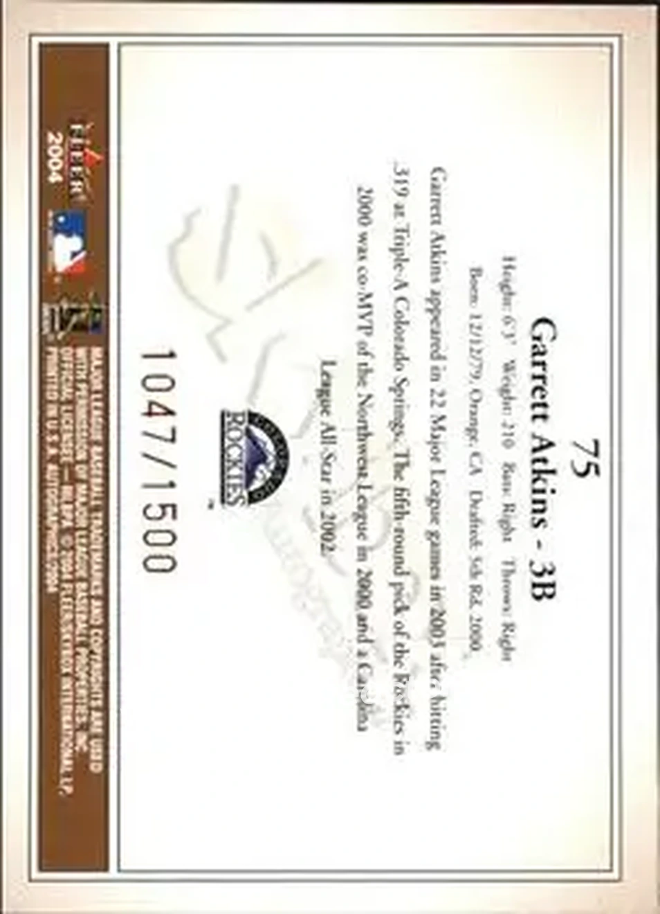 2004 SkyBox Autographics #75 - Garrett Atkins - Colorado Rockies - Back