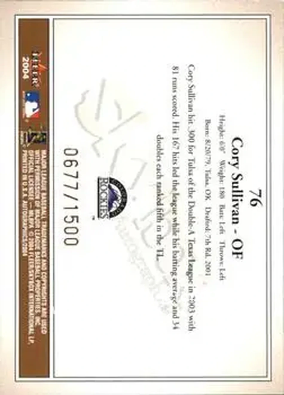 2004 SkyBox Autographics #76 - Cory Sullivan - Colorado Rockies - Back