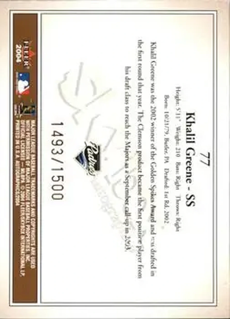 2004 SkyBox Autographics #77 - Khalil Greene - San Diego Padres - Back