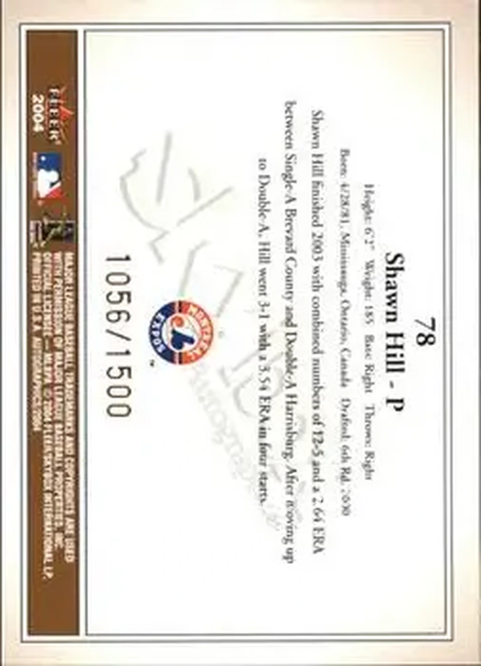 2004 SkyBox Autographics #78 - Shawn Hill - Montreal Expos - Back