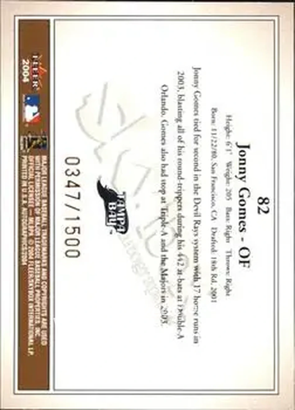 2004 SkyBox Autographics #82 - Jonny Gomes - Tampa Bay Devil Rays - Back 2004 SkyBox Autographics #82 - Jonny Gomes - Tampa Bay Devil Rays - Back
