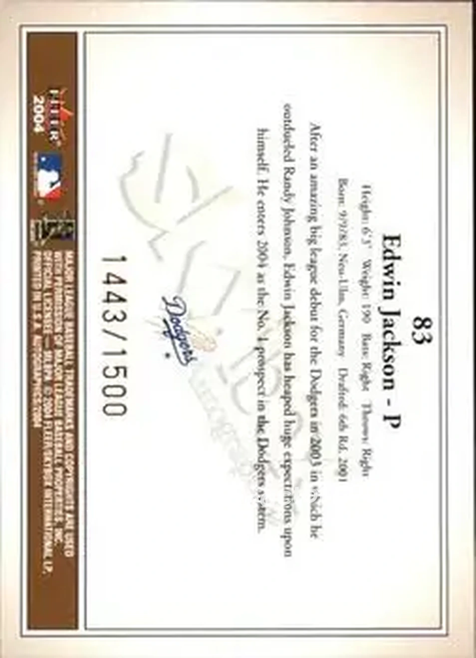 2004 SkyBox Autographics #83 - Edwin Jackson - Los Angeles Dodgers - Back