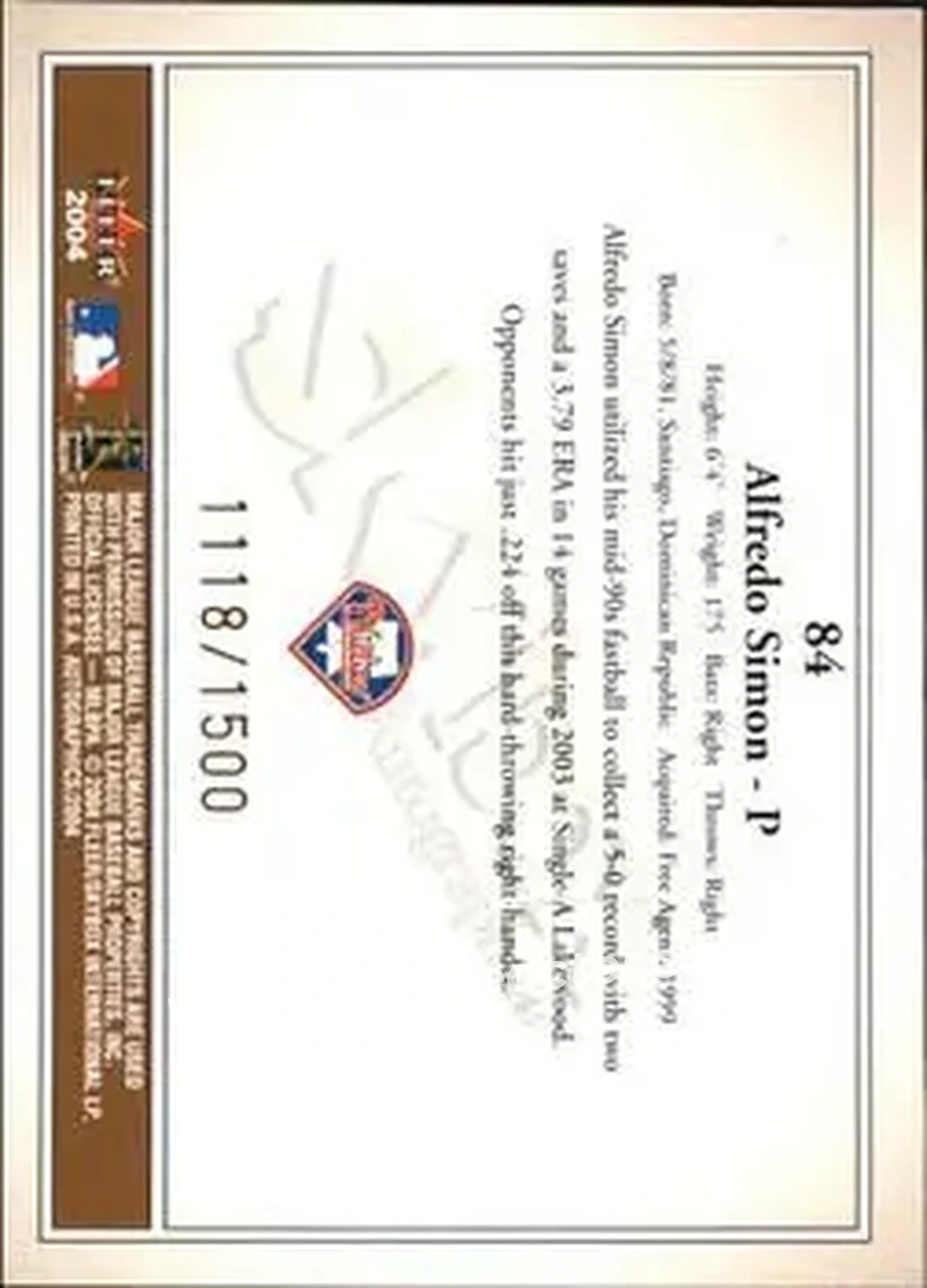2004 SkyBox Autographics #84 - Alfredo Simon - Philadelphia Phillies - Back 2004 SkyBox Autographics #84 - Alfredo Simon - Philadelphia Phillies - Back